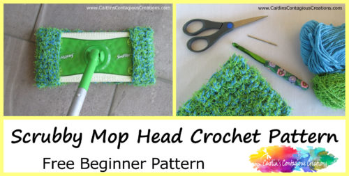 Scrubby mop head on mop and photo of material needed for mop head pattern