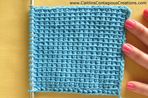 First attempt at Tunisian Crochet. Blue cotton yarn and simple stitch configuration on yellow background.