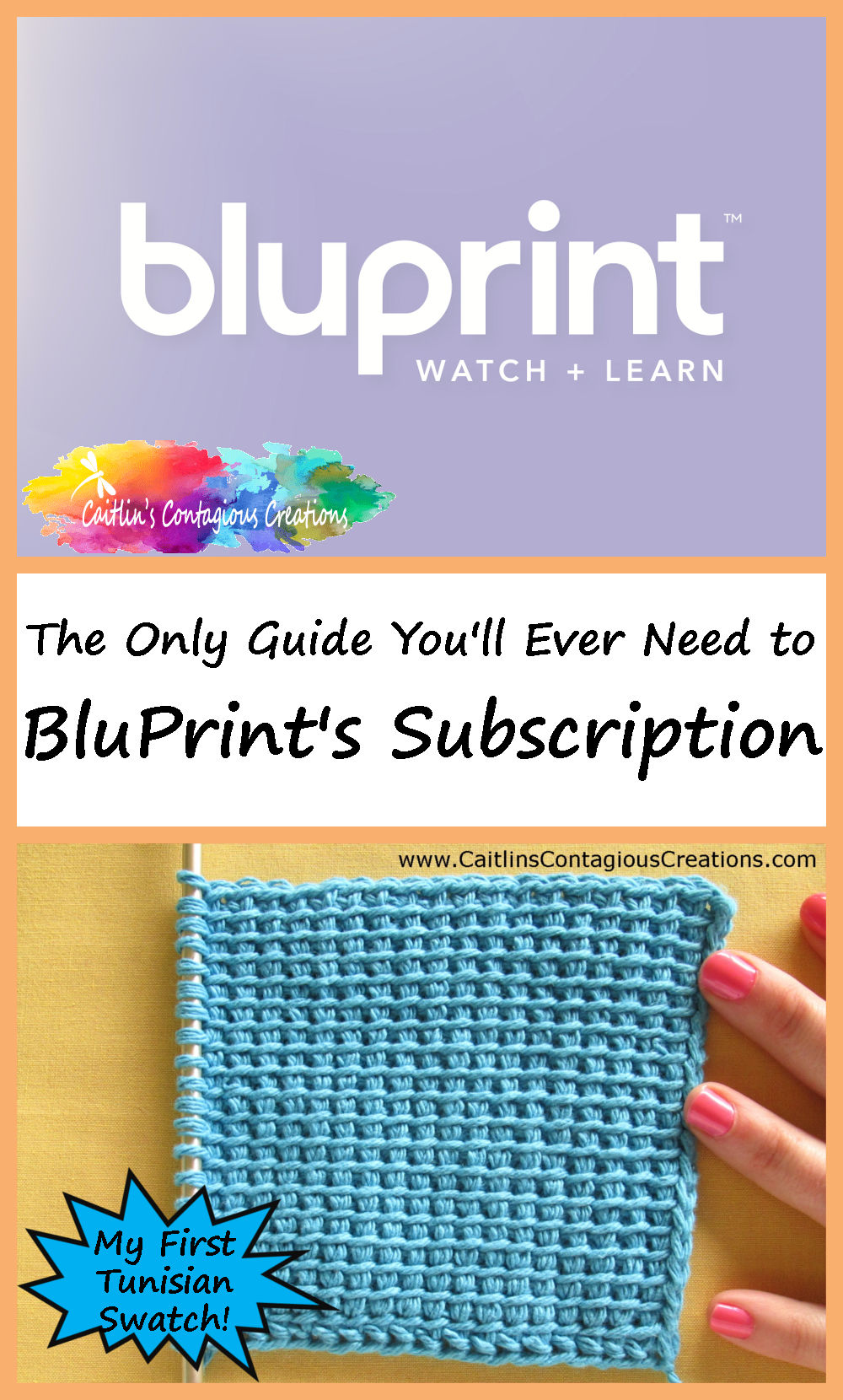 BluPrint Logo and Tunisian Simple Stitch Swatch with Text Overlay "The Only Guide You'll Ever Need to BluPrint's Subscription