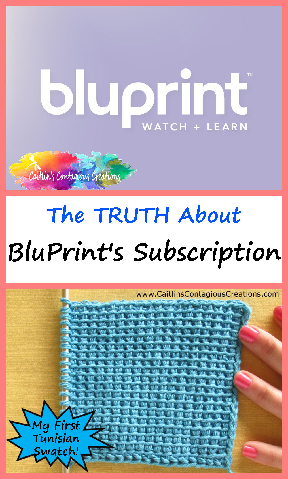 BluPrint Logo and Tunisian Simple Stitch Swatch with text overlay "The Truth About BluPrint's Subscription"