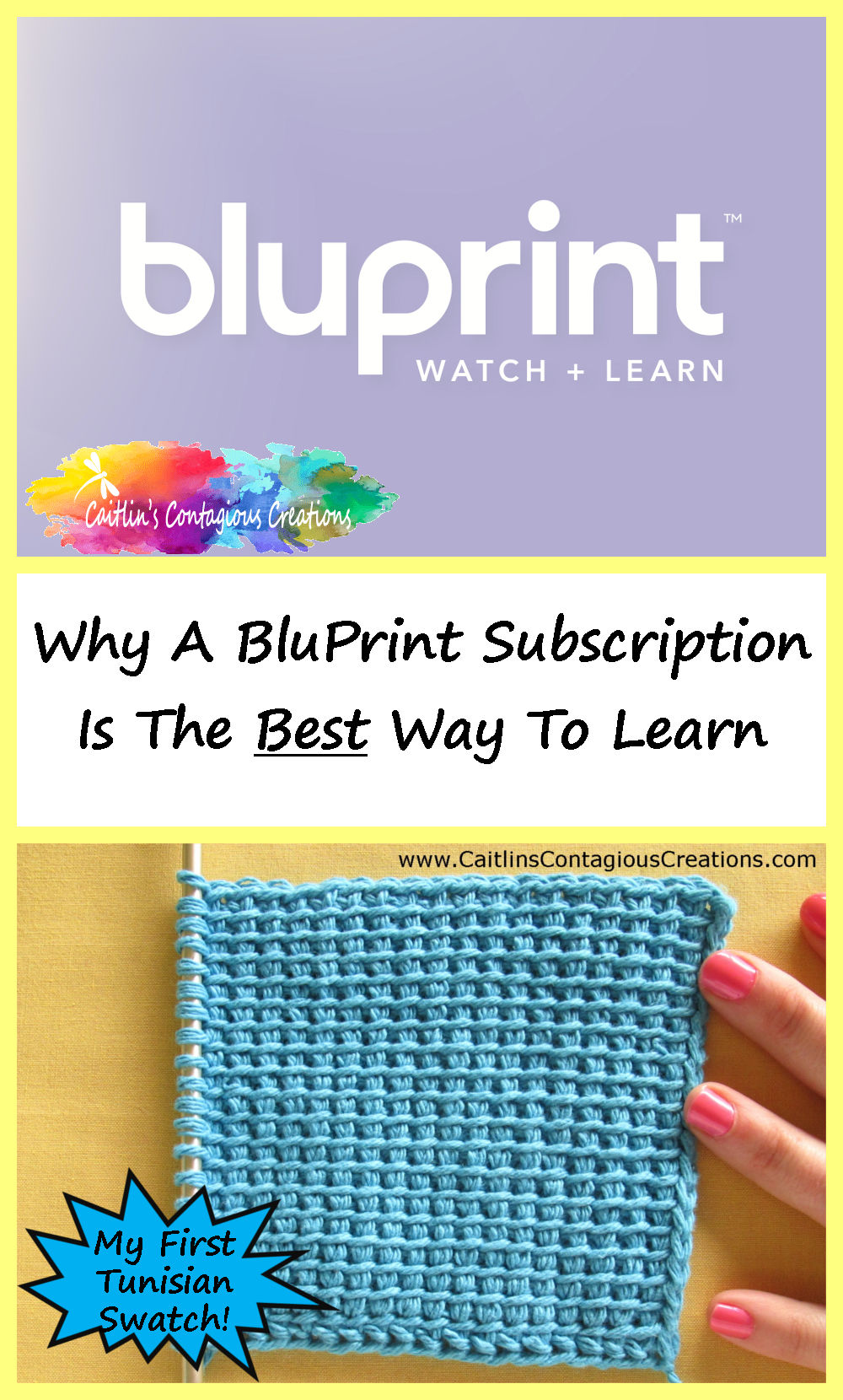 BluPrint Logo and Tunisian Simple Stitch Swatch with text overlay "Why a BluPrint Subscription is the Best Way To Learn"