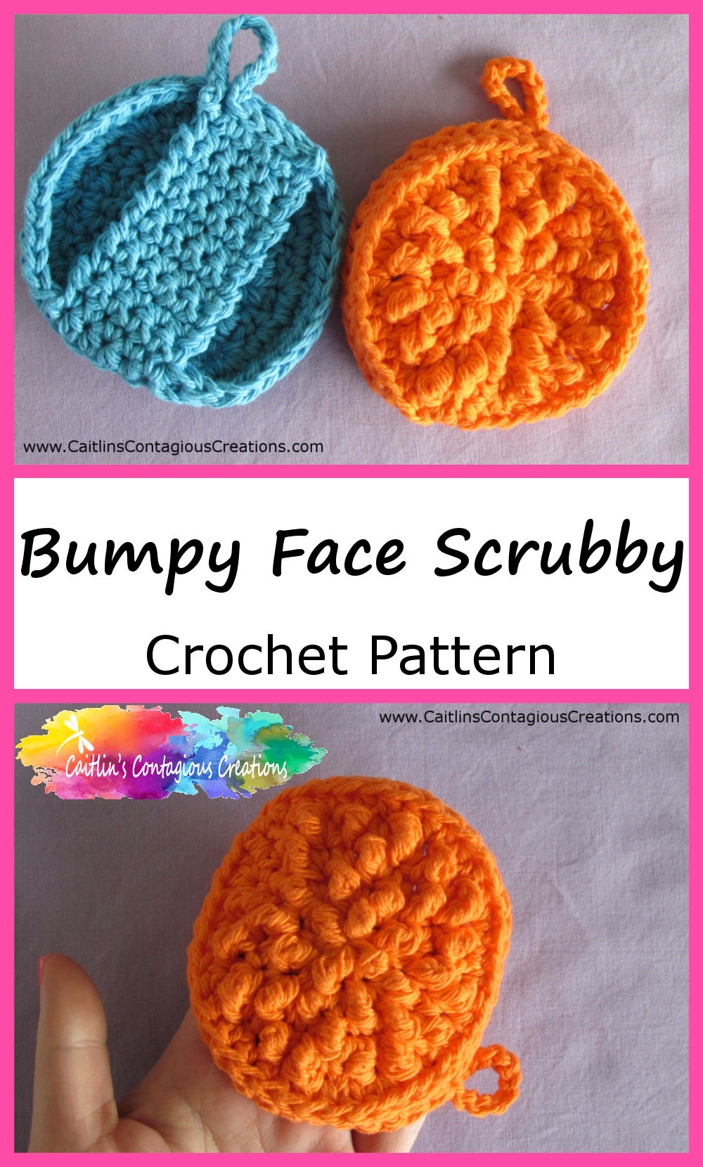 Bumpy Face Scrubby Crochet Pattern with two photos of face scrubby examples