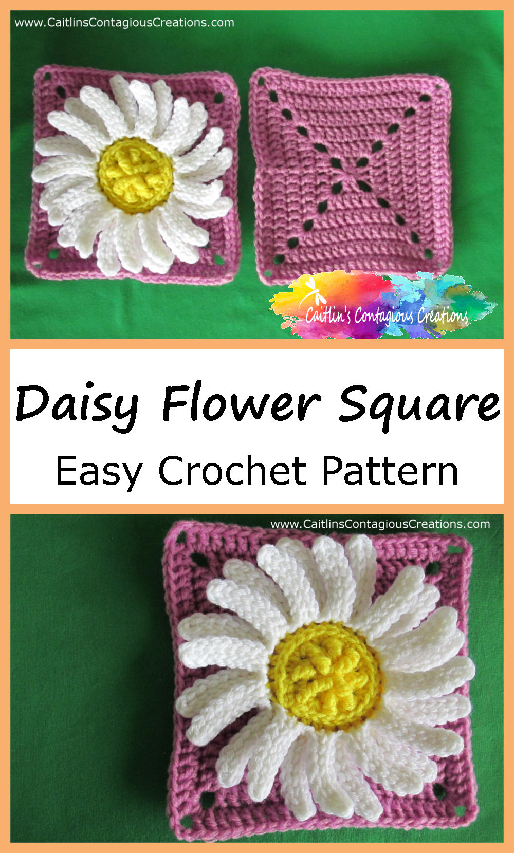 Finished daisy square and plain square on green background with text overlay Daisy Flower Square Easy Crochet Pattern