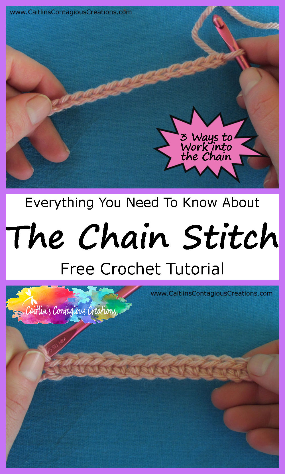 Crochet Chain Stitch Tutorial Photos Text overlay of Everything You Need to Know About The Chain Stitch Free Crochet Lesson