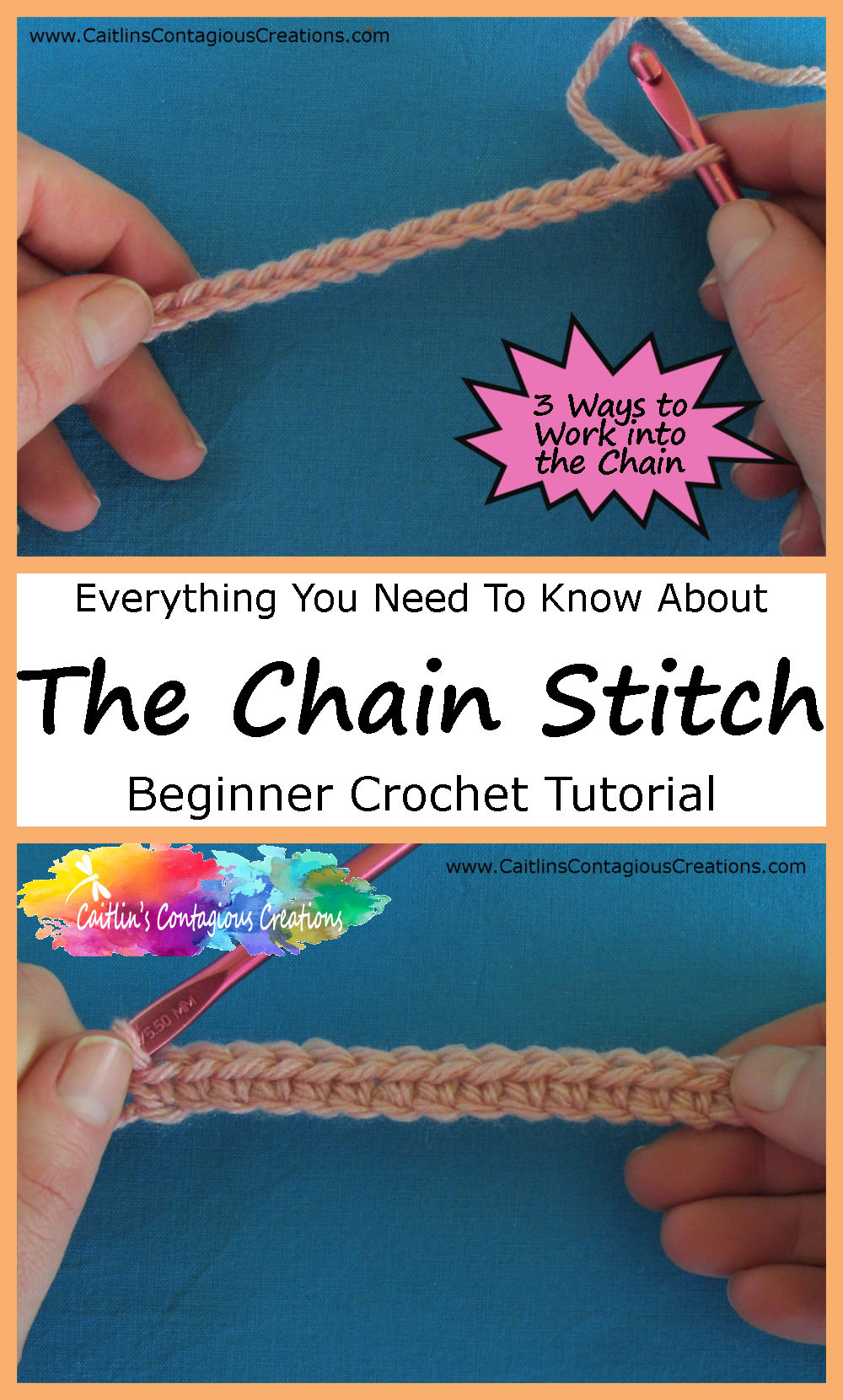 Crochet Chain stitch photos. Text overlay 3 ways to work into a chain crochet basics tutorial