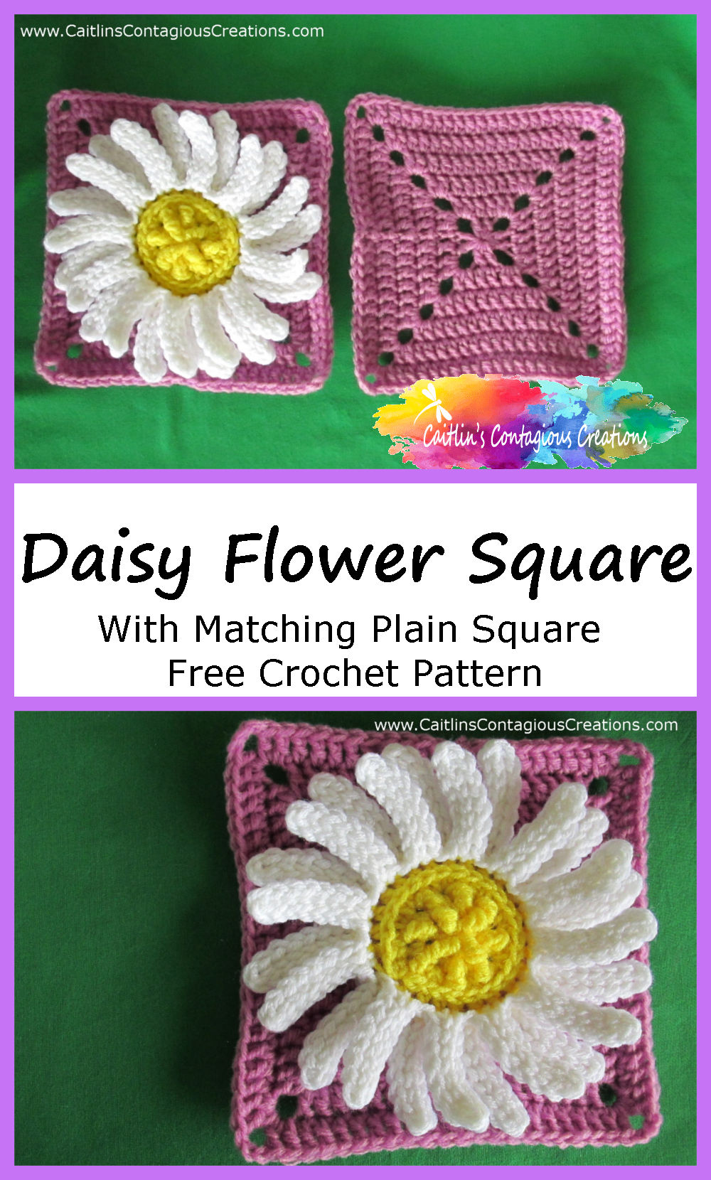 finished daisy, daisy square and plain square on green background with text overlay Daisy Square and matching plain square free crochet pattern