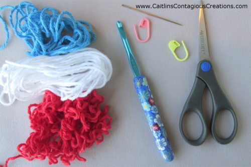 materials needed for spiral can cozy crochet pattern include hook, 3 colors of cotton yarn, stitch markers, yarn needle and scissors