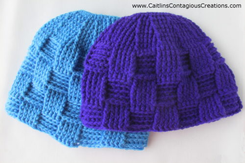 completed basket weave ponytail beanies. Two different length options pictured.