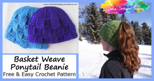 Basket Weave Ponytail Beanie Free and Easy Crochet Pattern text overlay on blue background with 2 photos of finished hat in use and laying flat