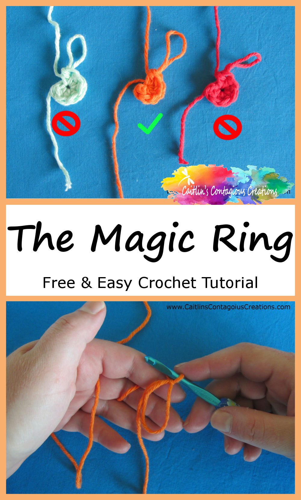 photos depicting advantage of magic ring in starting crochet project in the round