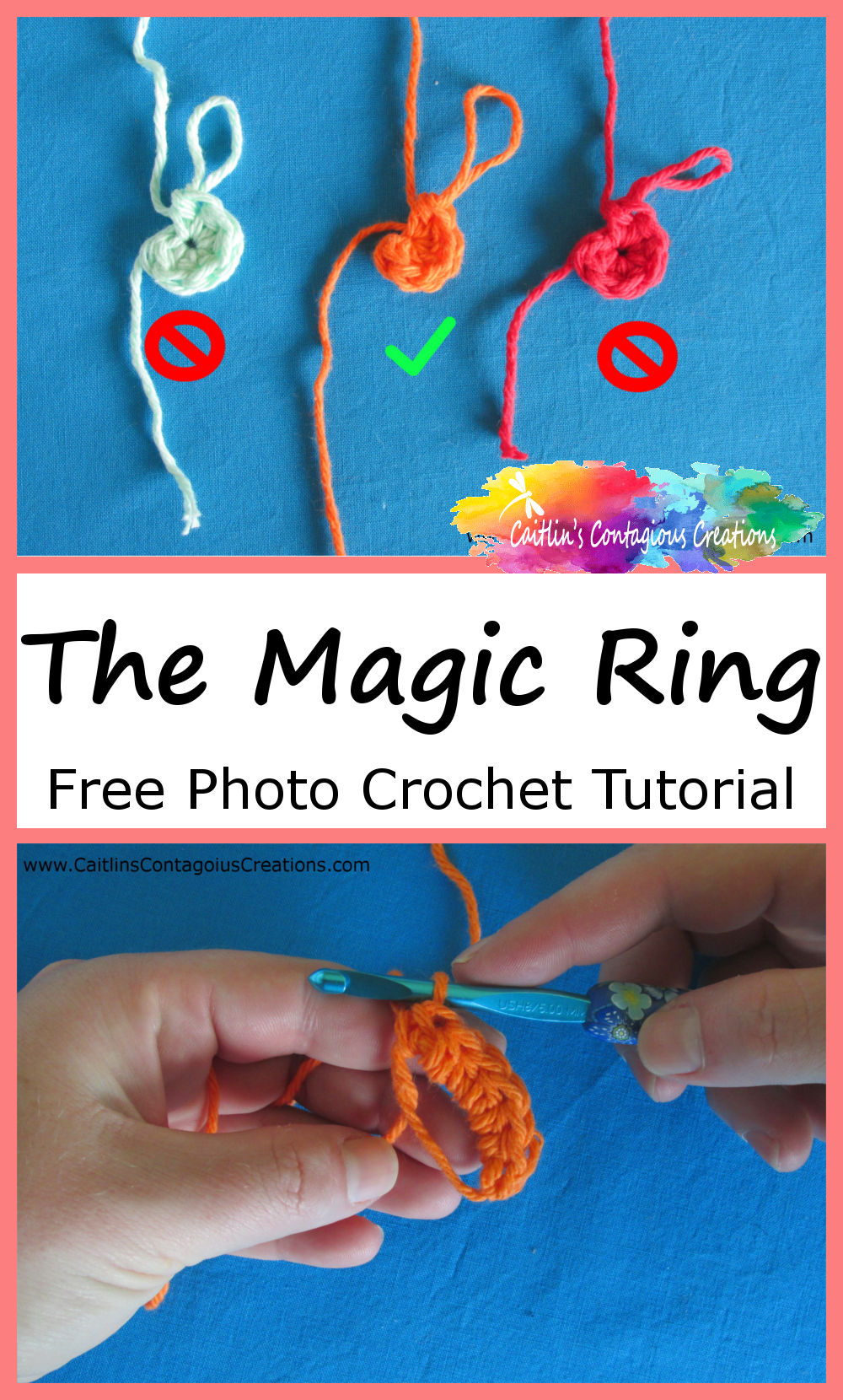 magic ring in use and step photo after final slip knot with text overlay