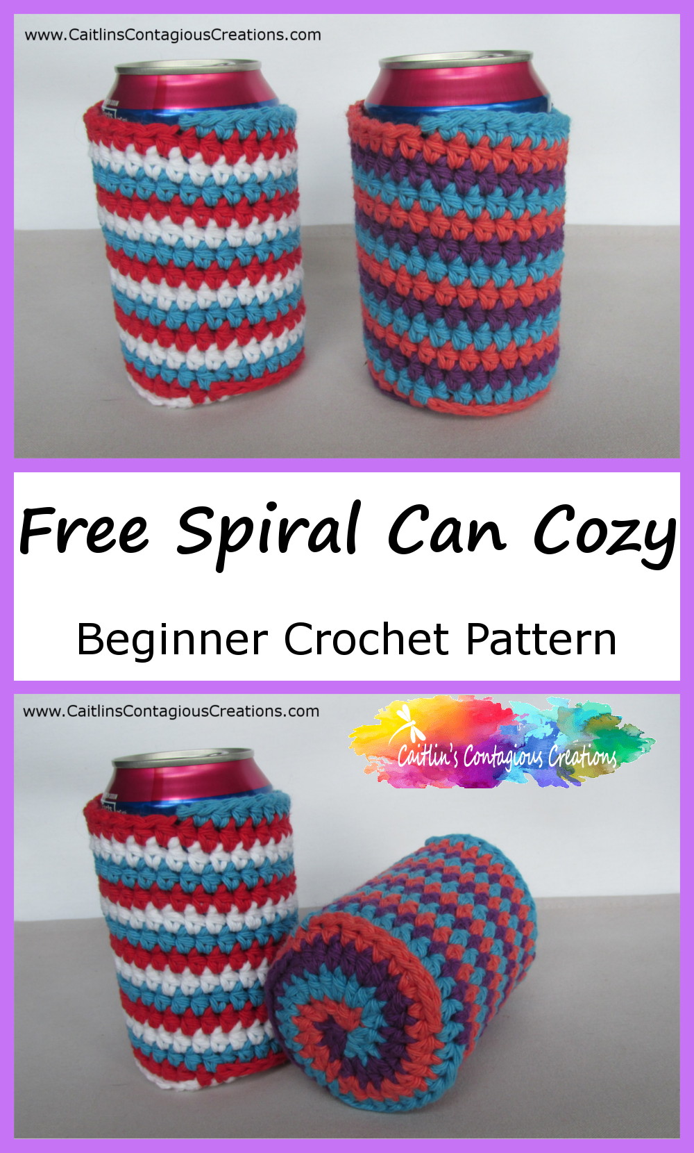 two photos of finished can cozies showing striped sides and spiral bottom showing with text overlay "Free spiral can cozy beginner crochet pattern"