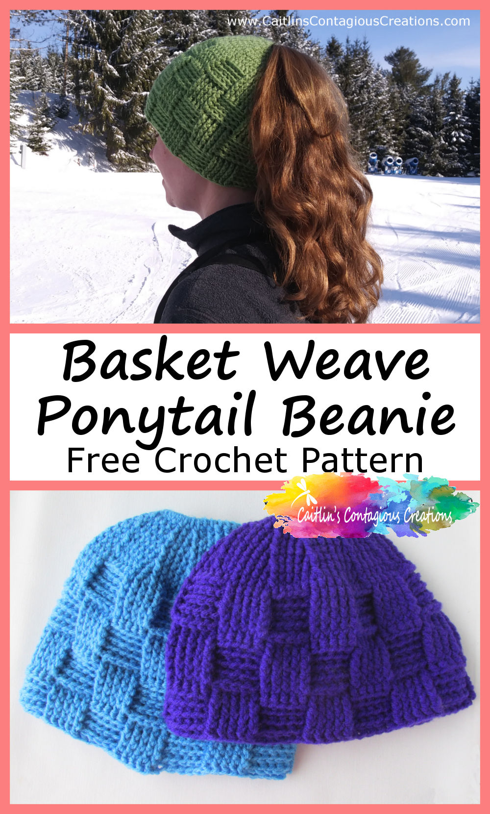 cover photos with hat in use and length options. text overlay "Basket Weave Ponytail Beanie Free Crochet Pattern"