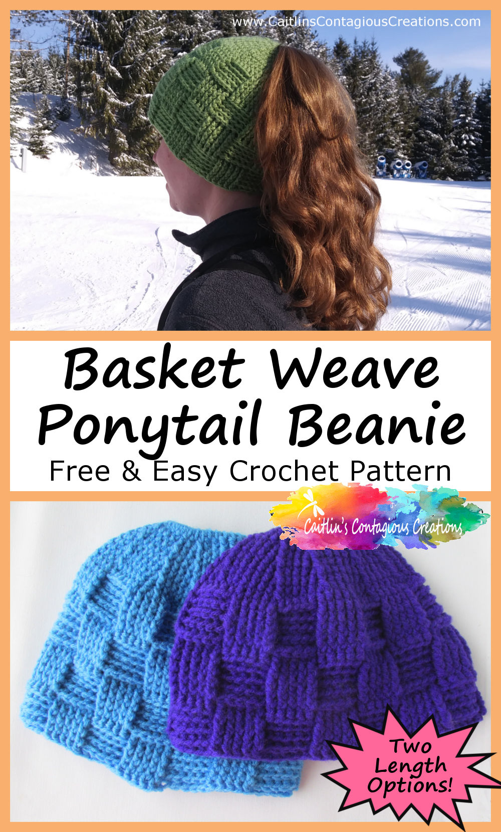 orange background with text overlay "Basket Weave POnytail beanie Free & Easy Crochet Pattern With Two Length options" and photos of hat in use