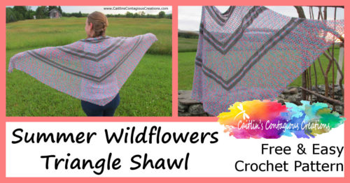 finished triangle shawl crochet pattern project in two photos with text overlay and logo