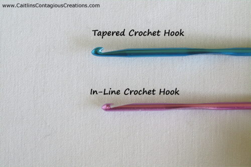photo depicting the difference between a tapered crochet hook such as a boye brand, and an in-line crochet hook such as the susan bates hook