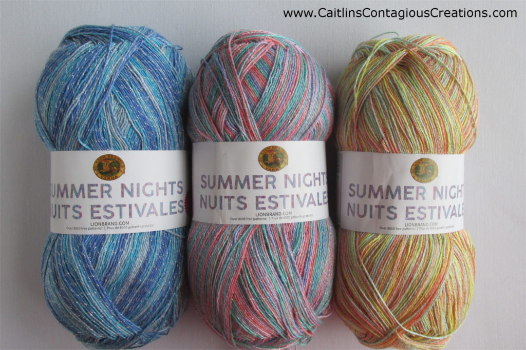 3 colors available from LIon Brand Summer Nights Yarn line. Wildflowers, Oasis, and Summer Meadow