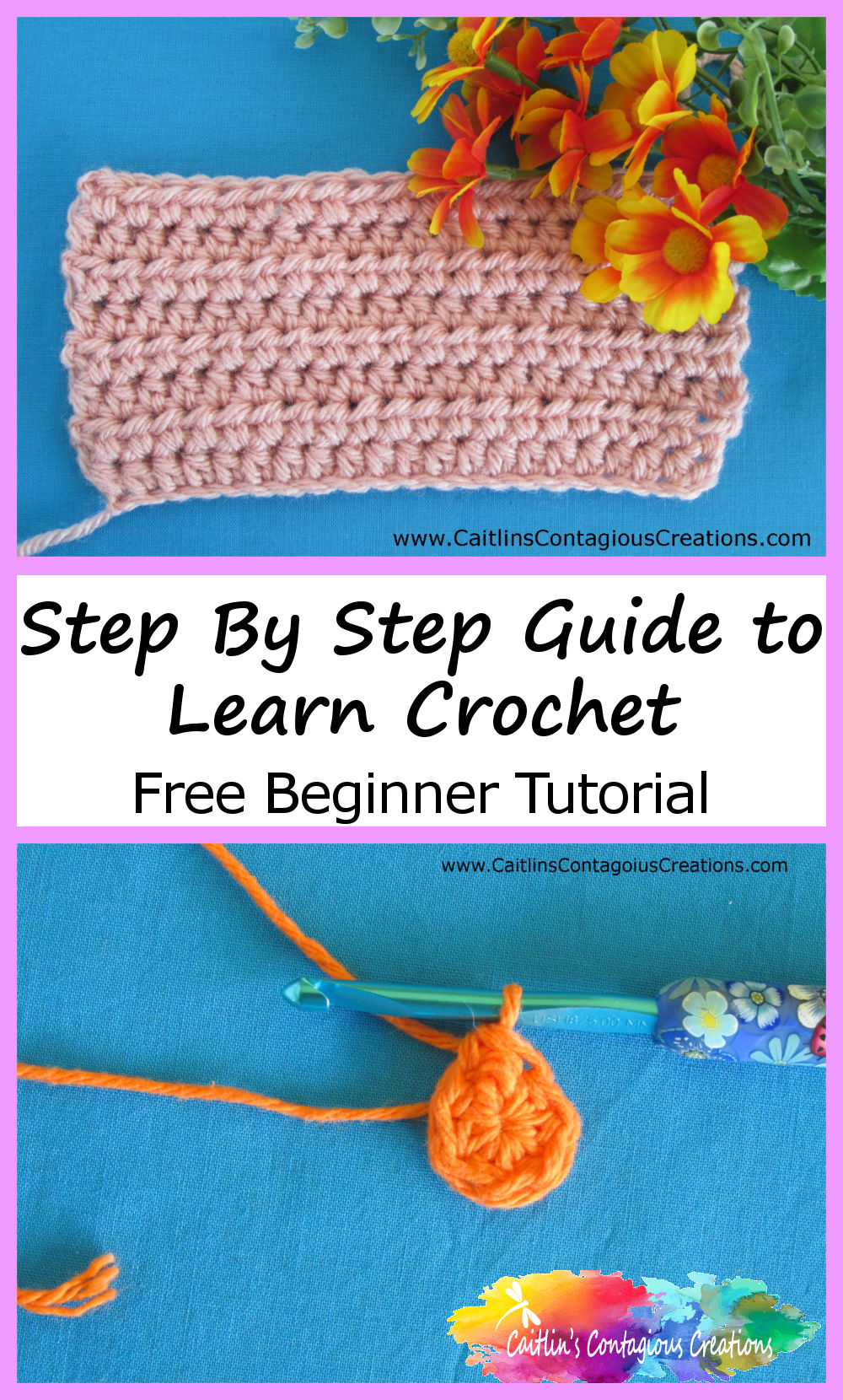 clickable images of completed crochet stitches and techniques with text overlay
