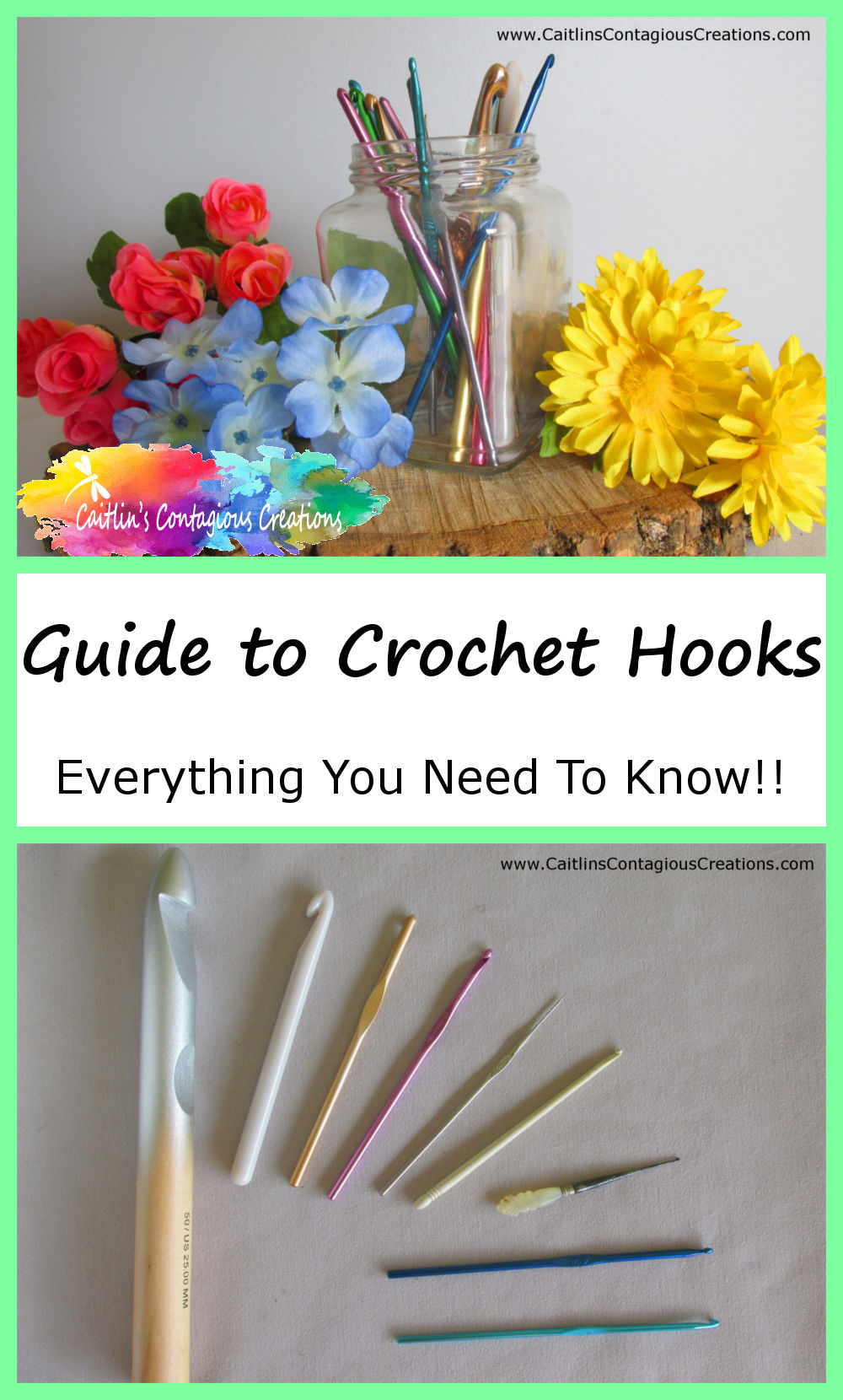 two photos of crochet hooks in pleasing arrangment with text overlay