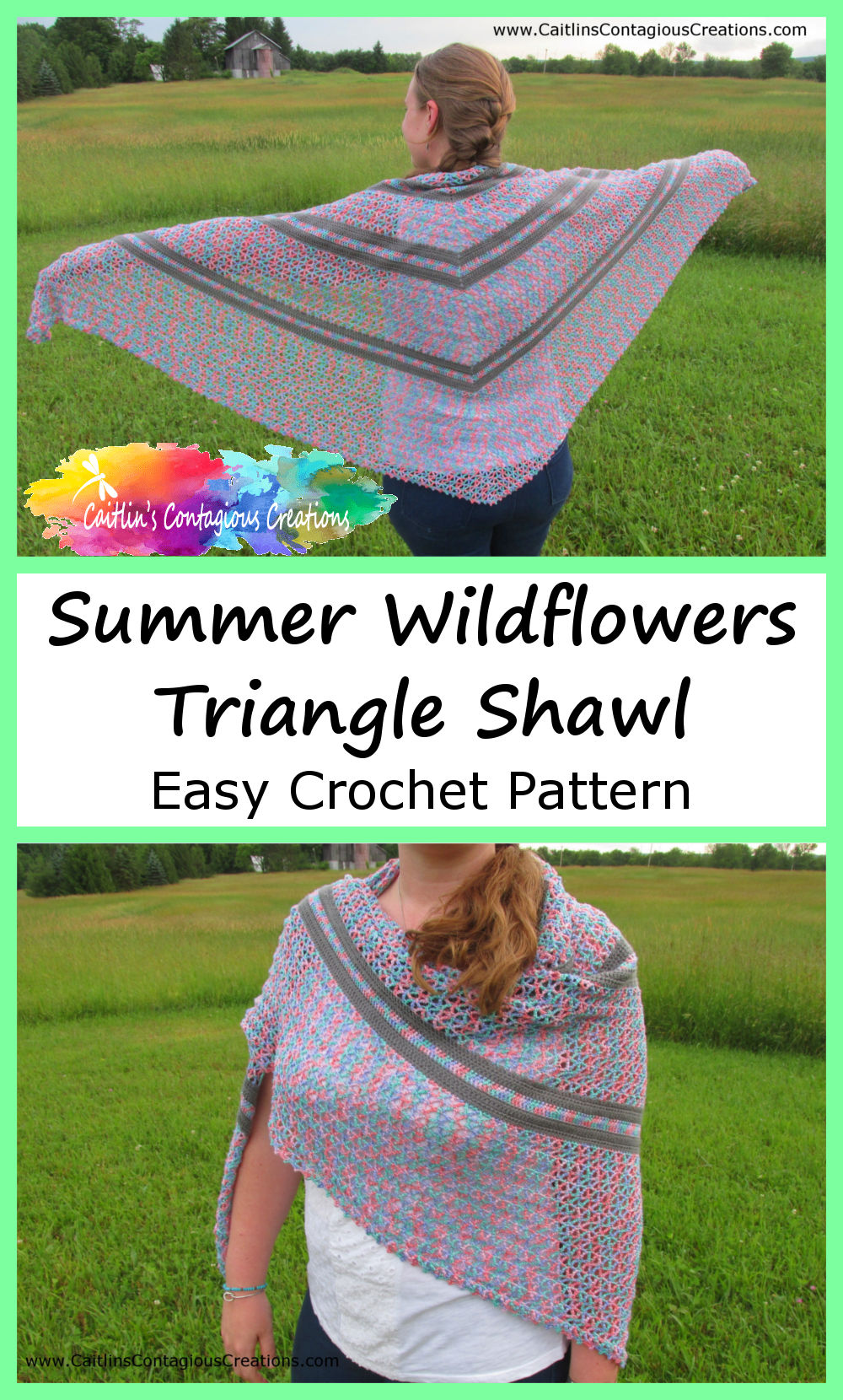 two modeled photos of finished lace weight shawl with text overlay Summer Wilkdflowers Triangle Shawl and company logo