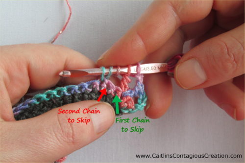 insert hook into next stitch to draw up a loop. arrows on picture show which chain stitches to skip.