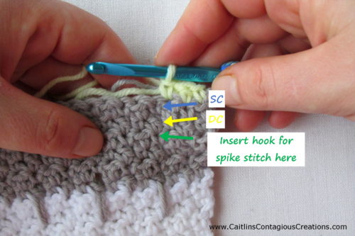 photo depicting where to insert hook for spike stitch placement