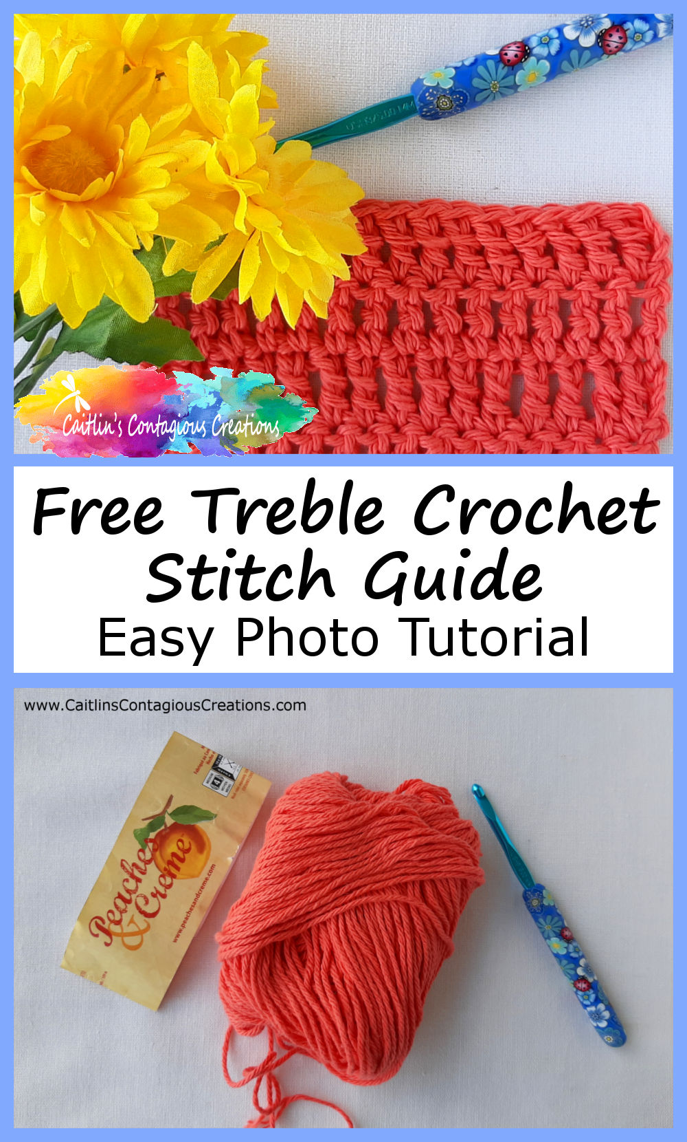 items needed and finished treble crochet stitch tutorial practice swatch with text overlay