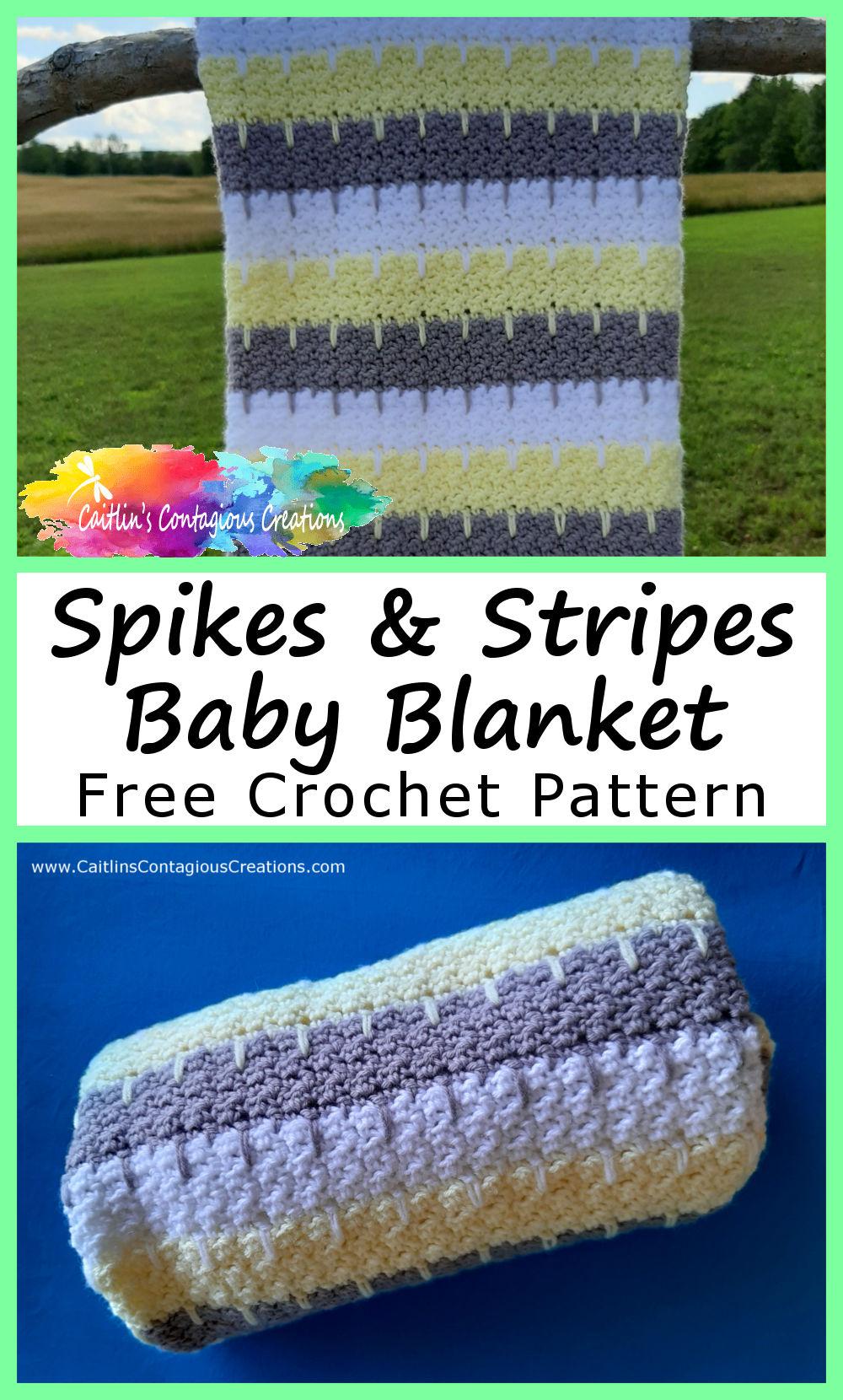 rolled up blanket and hanging blanket with text overlay striped and spikes baby blanket free crochet pattern