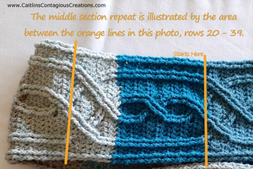 middle section repeat of knotted cable scarf crochet pattern