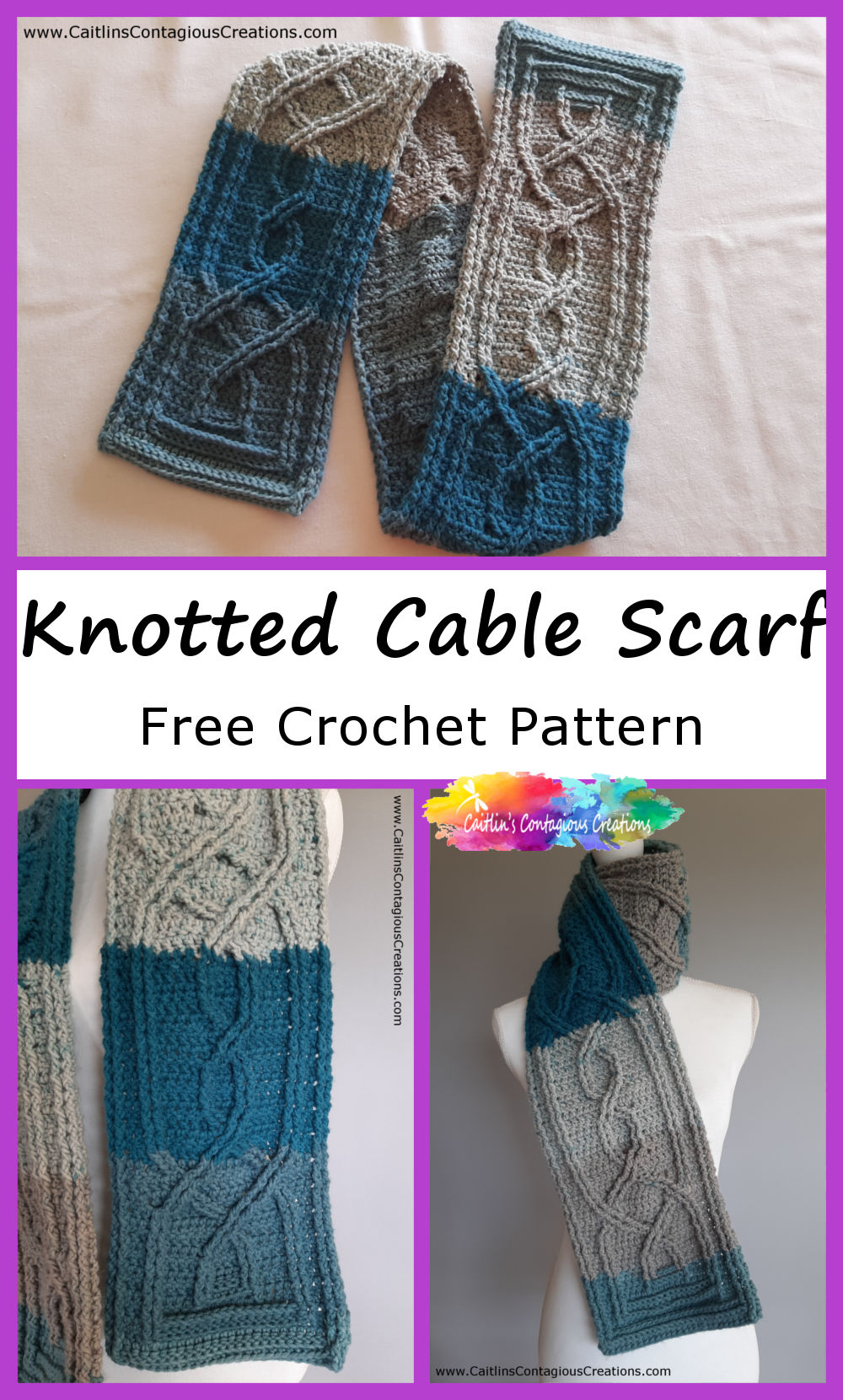 completed knotted cable scarf displayed on table and on mannequin  with text overlay :knotted Cable Scarf Free Crochet Pattern"