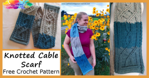 finished cable knotted scarf on table, on person next to yellow flowers and close up to show celtic cable detailing