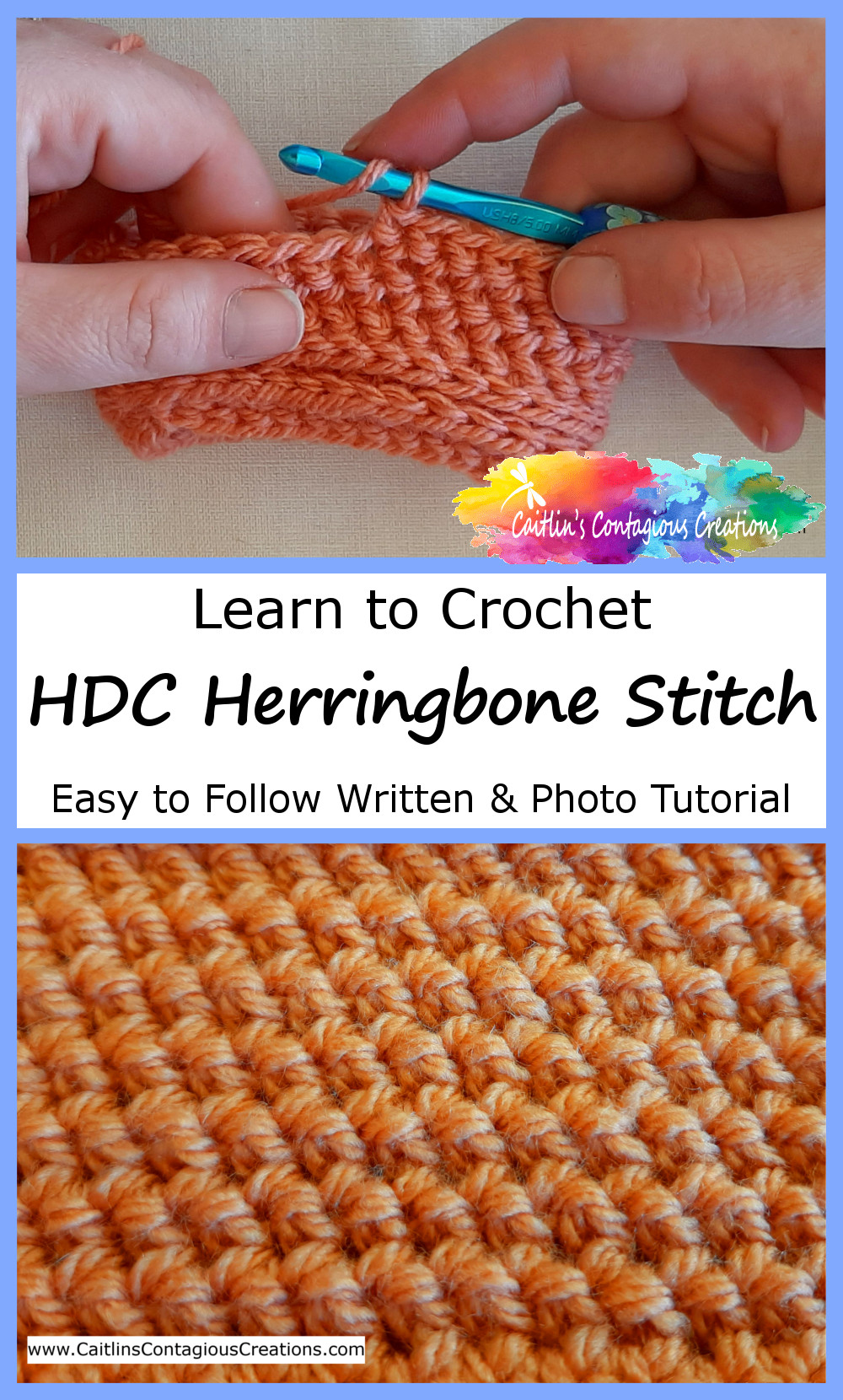 step photo and texture photo of Half Double Crochet Herringbone Stitch with text overlay