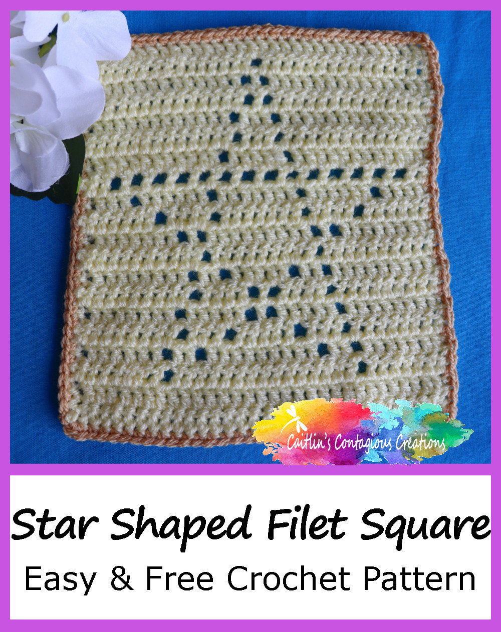 Fun Star Shape Solid Filet Crochet Pattern makes a square that is perfect for a dishcloth or blanket piece.