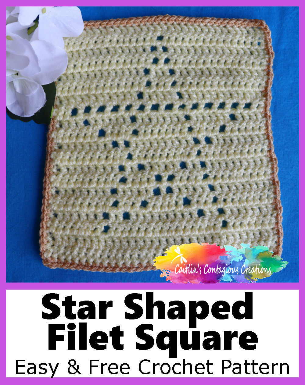 Free Star Shape Filet Square Crochet Pattern with written directions, photos, and a stitch diagram is fun for beginners and easy crochet skill levels.