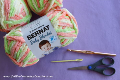 bernat super bulky baby balnket yarn with 9 mm hook scissors and yarn needle needed for pattern