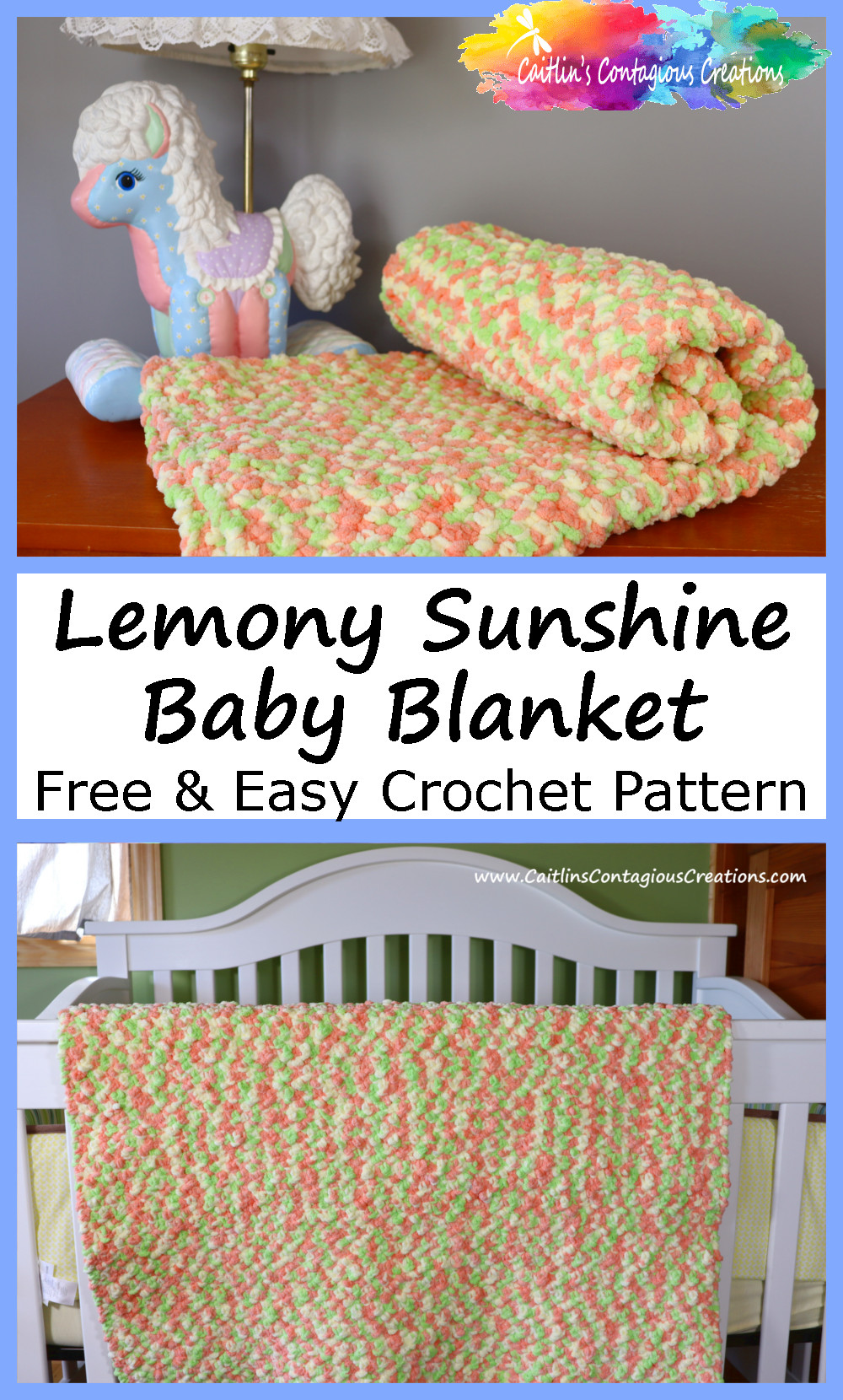 pinnable image of super bulk baby blanket crochet pattern showing blanket in use and thickness of blanket