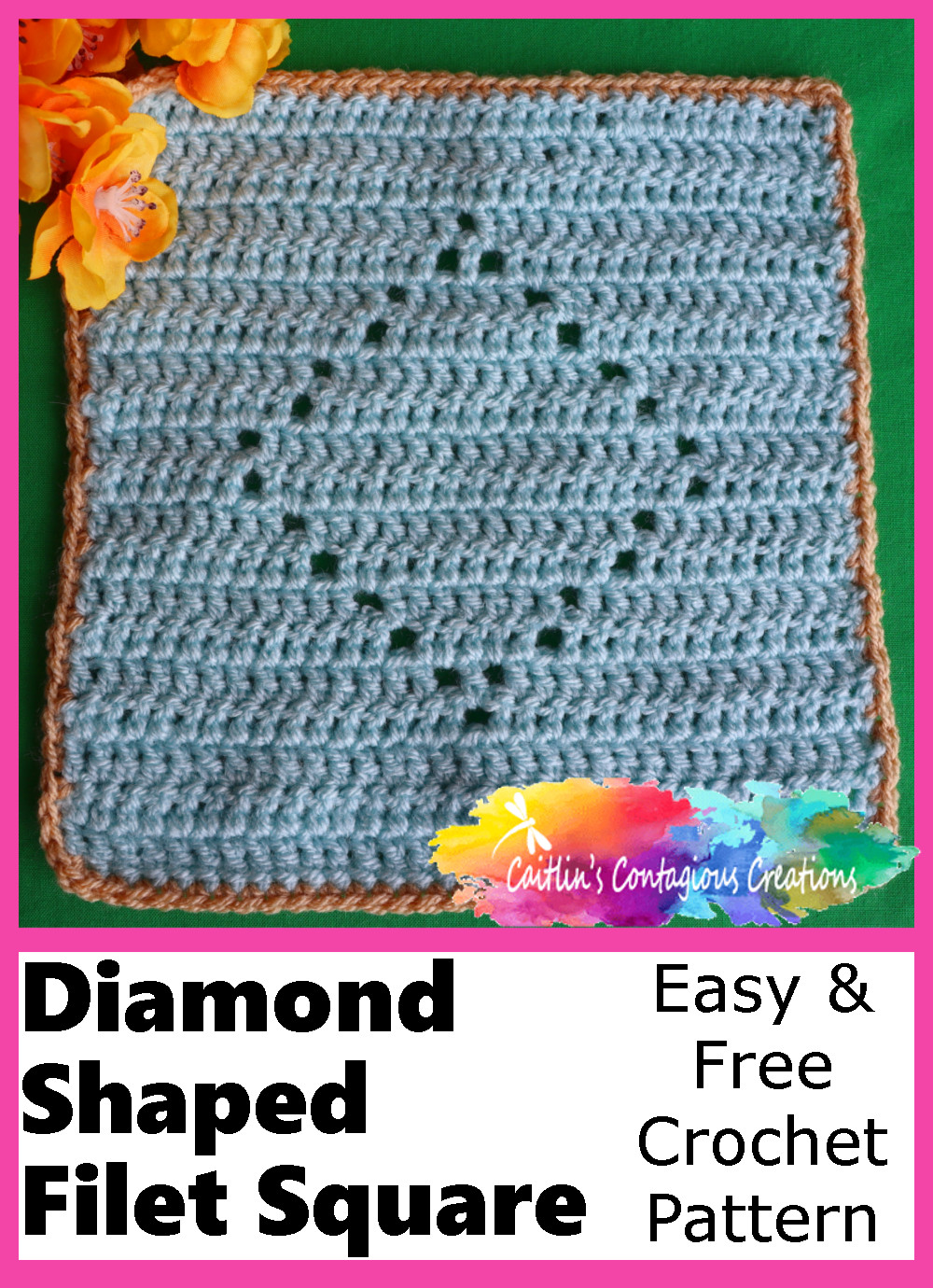 Diamond Shape Filet Square Crochet Pattern finished project on green background