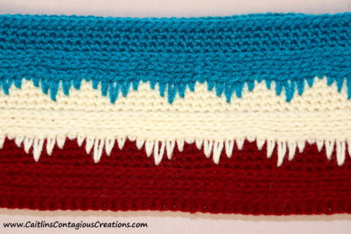 Finished third color of cascading icicles cowl crochet pattern.