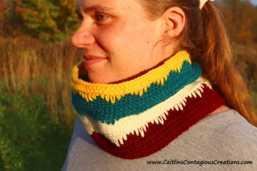 Cascading Icicles Cowl on model outdoors.