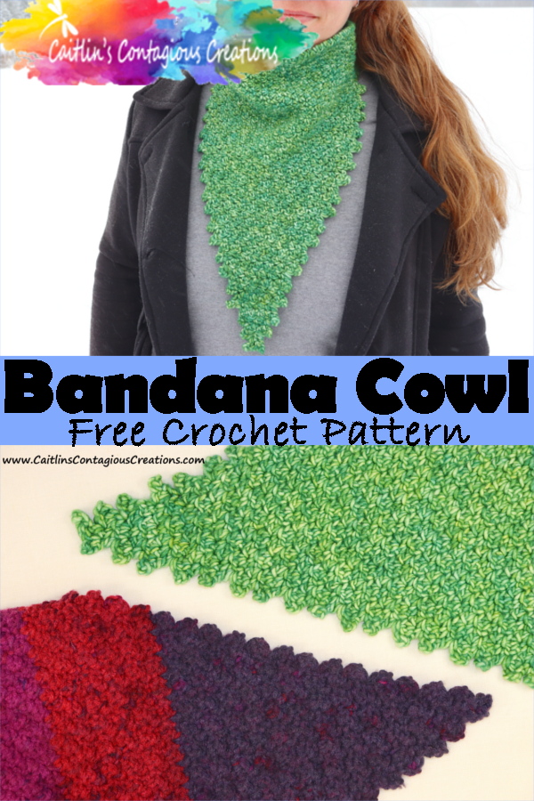 Model wearing finished bandana cowl crochet pattern project